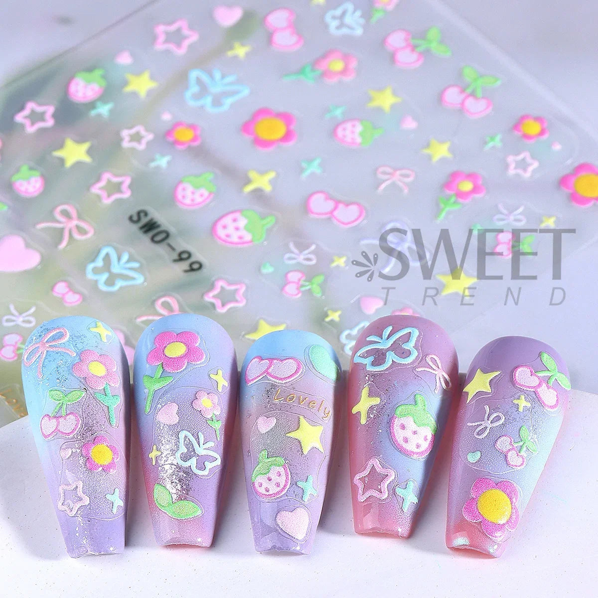 Colorful Blushimmer Sweet Element nail art stickers featuring flowers, hearts, cherries, butterflies, and bows for kawaii manicures.