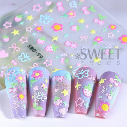 Colorful Blushimmer Sweet Element nail art stickers featuring flowers, hearts, cherries, butterflies, and bows for kawaii manicures.