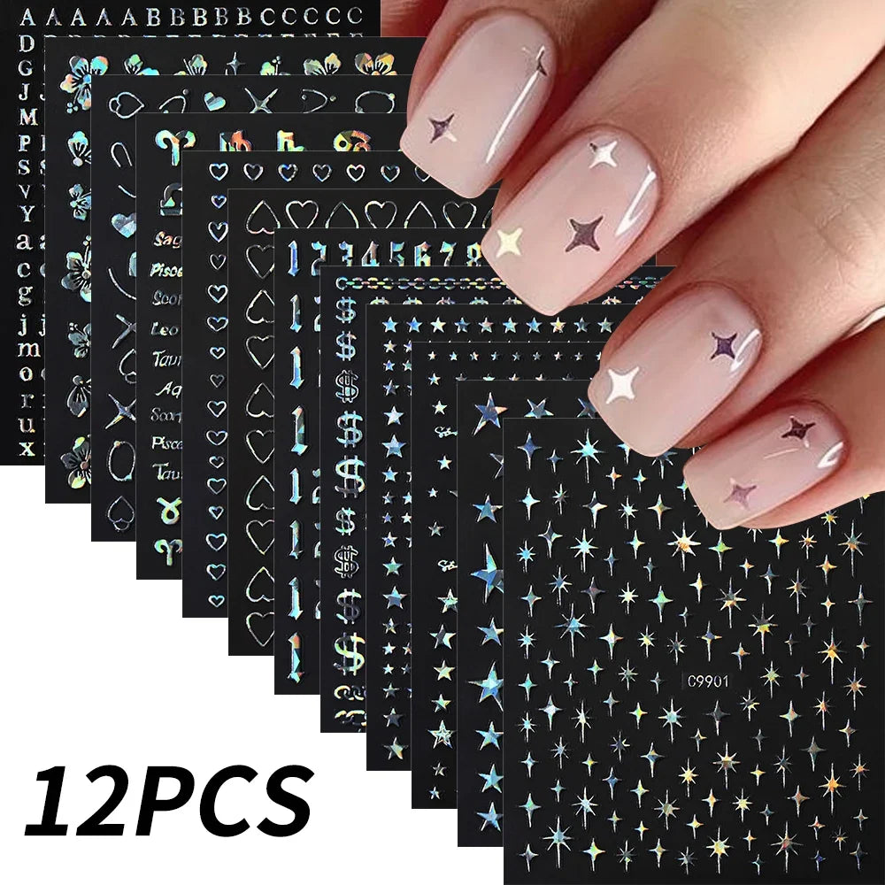 12pcs Blushimmer bronzing laser star nail stickers with 3D alphabet, heart, flower designs for DIY gradient manicures.