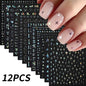12pcs Blushimmer bronzing laser star nail stickers with 3D alphabet, heart, flower designs for DIY gradient manicures.
