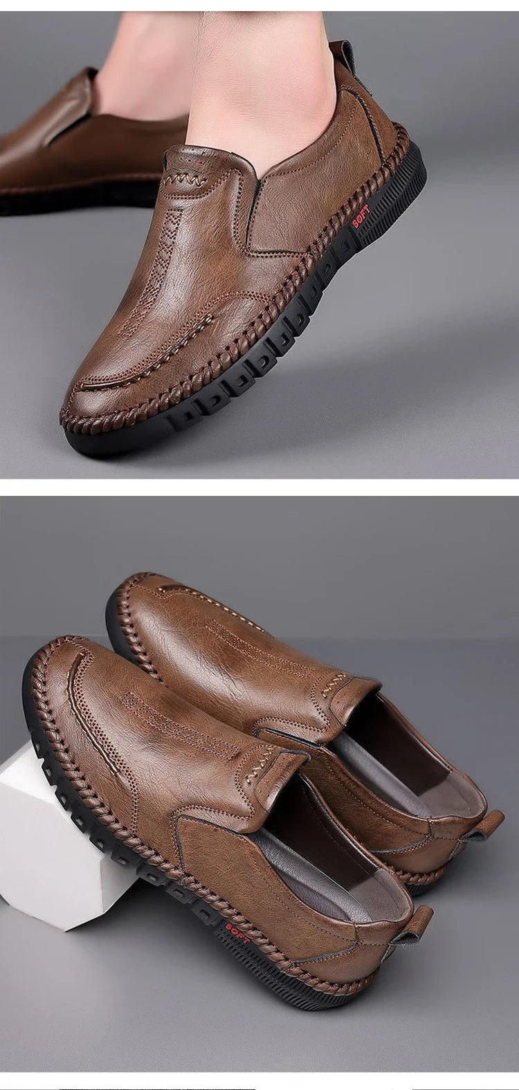 Men's Hand Stitched Genuine Leather Slip On Shoes Business Formal Occasion Wedding Party Footwear Leisure Official Board-Shoes