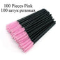 Set of 100 disposable micro eyelash extension brushes, mascara wands, and eyebrow combs from Blushimmer for lash and brow application.