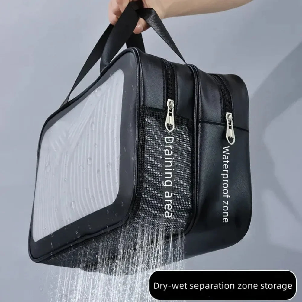 Transparent double-compartment PU makeup bag by Blushimmer with dry-wet separation, ideal for travel and cosmetic storage.