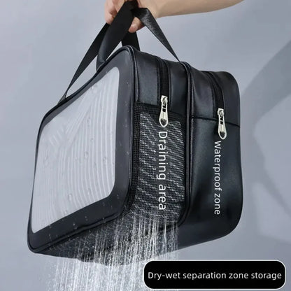 Transparent double-compartment PU makeup bag by Blushimmer with dry-wet separation, ideal for travel and cosmetic storage.