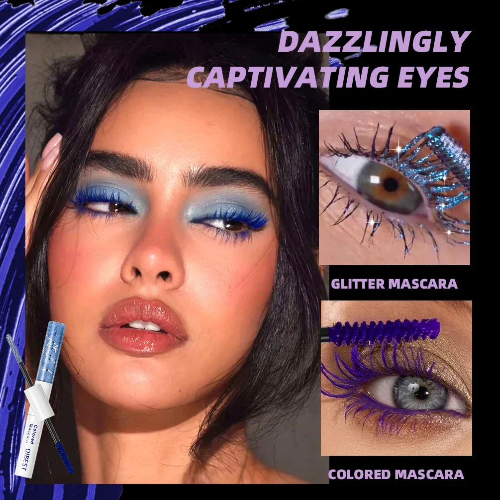 Blushimmer Qibest Double Ended Diamond Glitter Waterproof 4D Fiber Mascara showing brush with black mascara and glitter accents