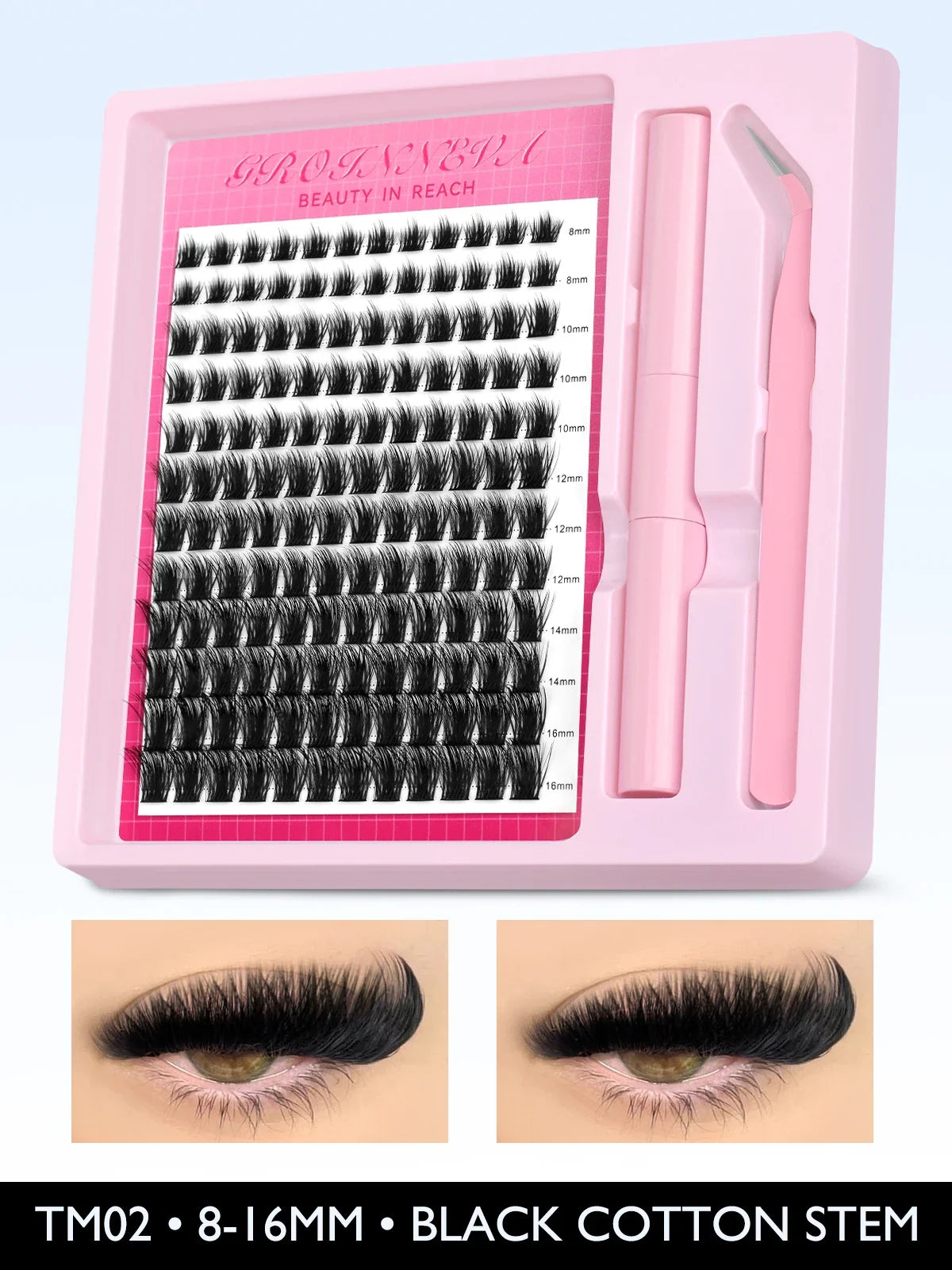 Blushimmer lash clusters kit with fluffy C curl individual eyelash extensions in 10-18mm, includes bond and seal for DIY lash application