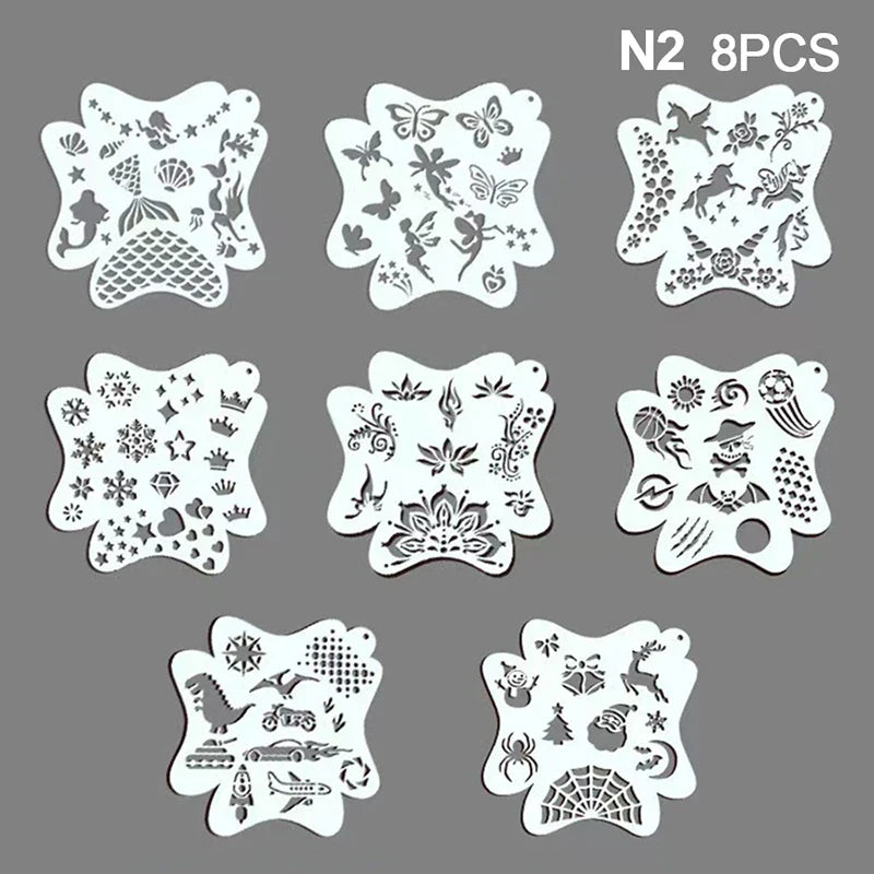 Reusable Blushimmer body painting stencils for face art, temporary tattoos, and body stamps on plastic sheets.
