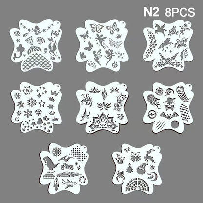 Reusable Blushimmer body painting stencils for face art, temporary tattoos, and body stamps on plastic sheets.