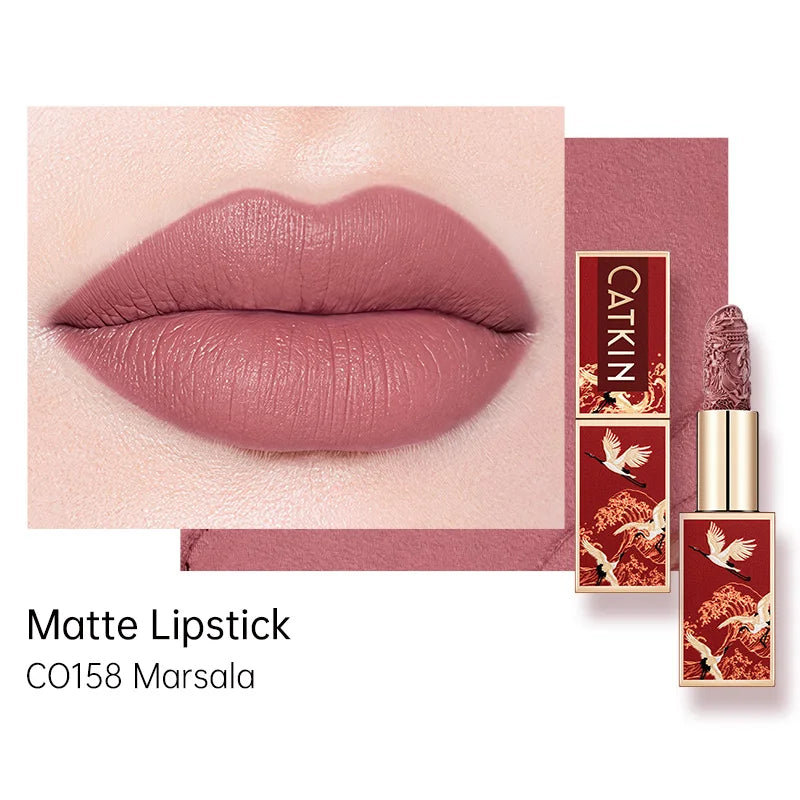 Blushimmer CATKIN Velvet Matte Lipstick with hydrating satin finish, featuring smooth, creamy texture and long-lasting color.