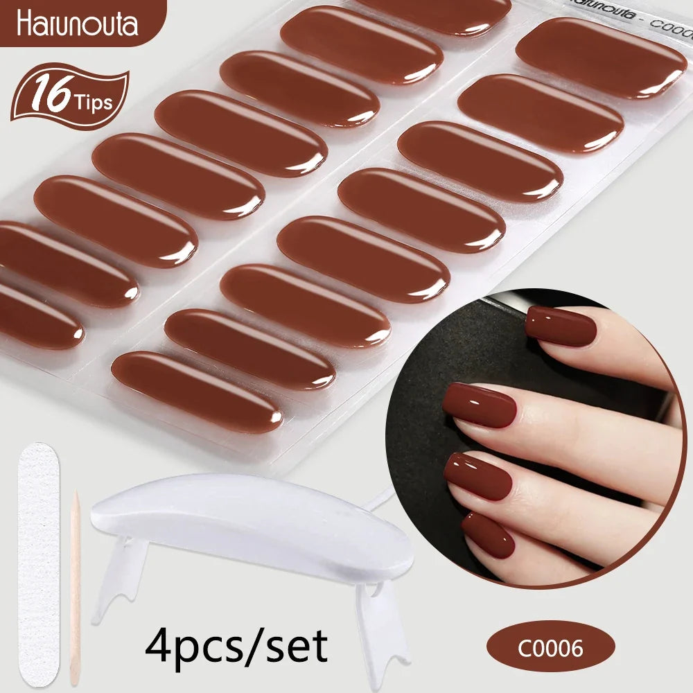 Blushimmer Harunouta 4-piece gradient jelly semi-cured gel nail strips with nude pink waterproof design and nail lamp for long-lasting wear.