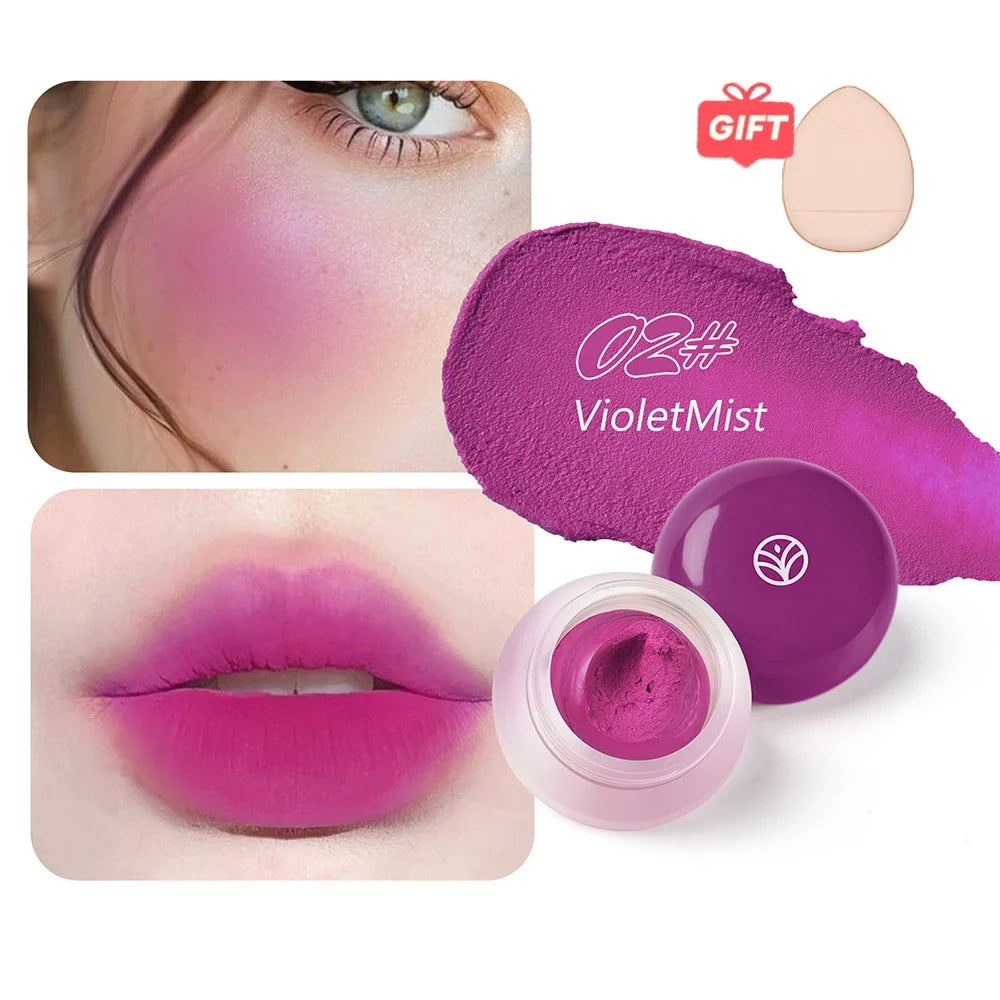 Blushimmer 6-color mousse texture powder blush with matte velvet finish, includes finger puff for easy application.