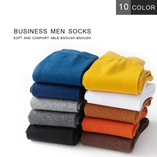 Five pairs of men's cotton dress socks in black and gray, suitable for spring and autumn, with a comfortable long fit.