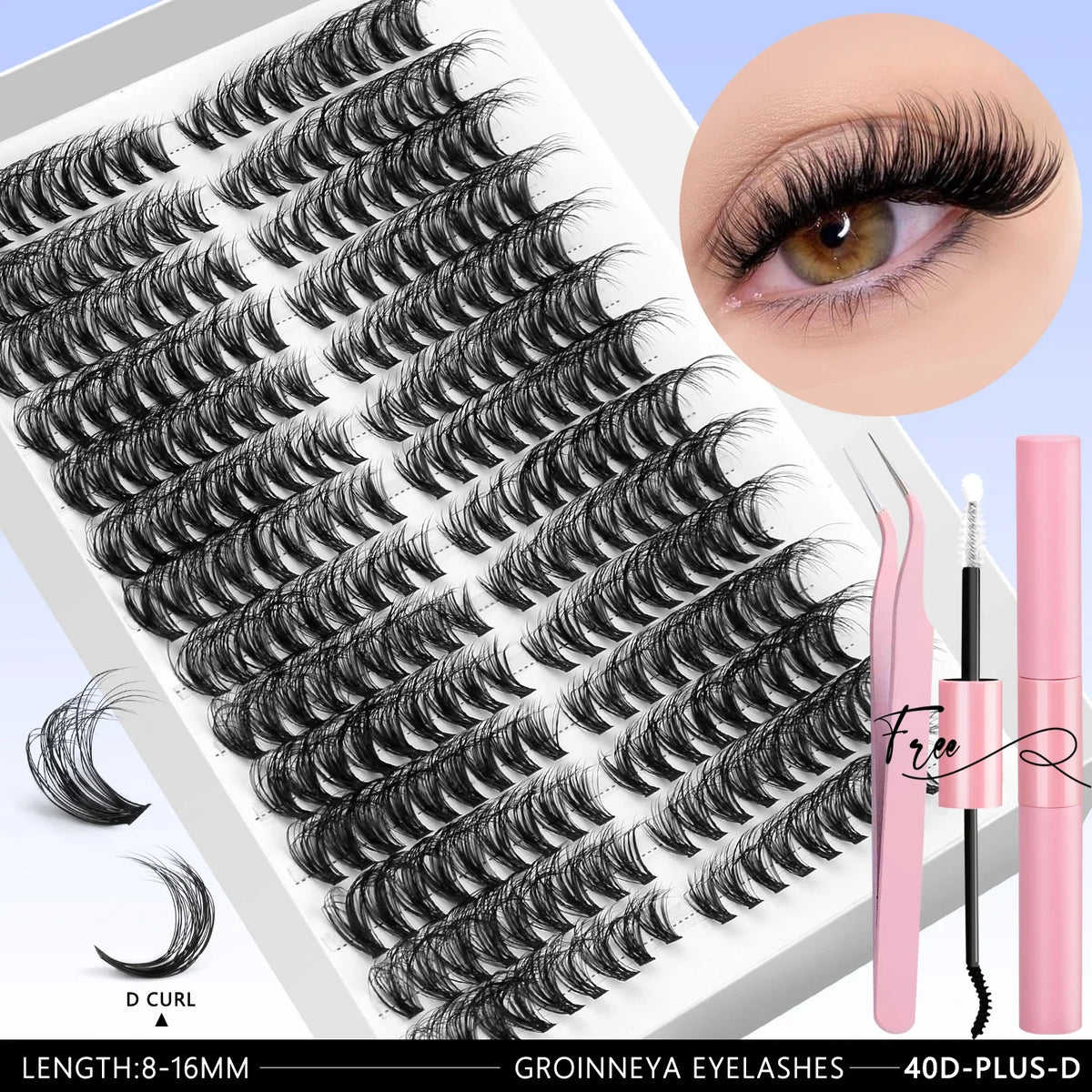 Blushimmer GROINNEYA DIY eyelash extension kit with mixed lash clusters, bond, seal, and tweezers for at-home lash application.