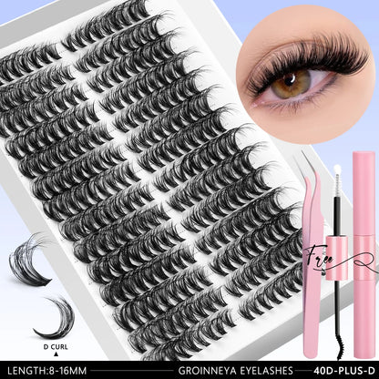 Blushimmer GROINNEYA DIY eyelash extension kit with mixed lash clusters, bond, seal, and tweezers for at-home lash application.