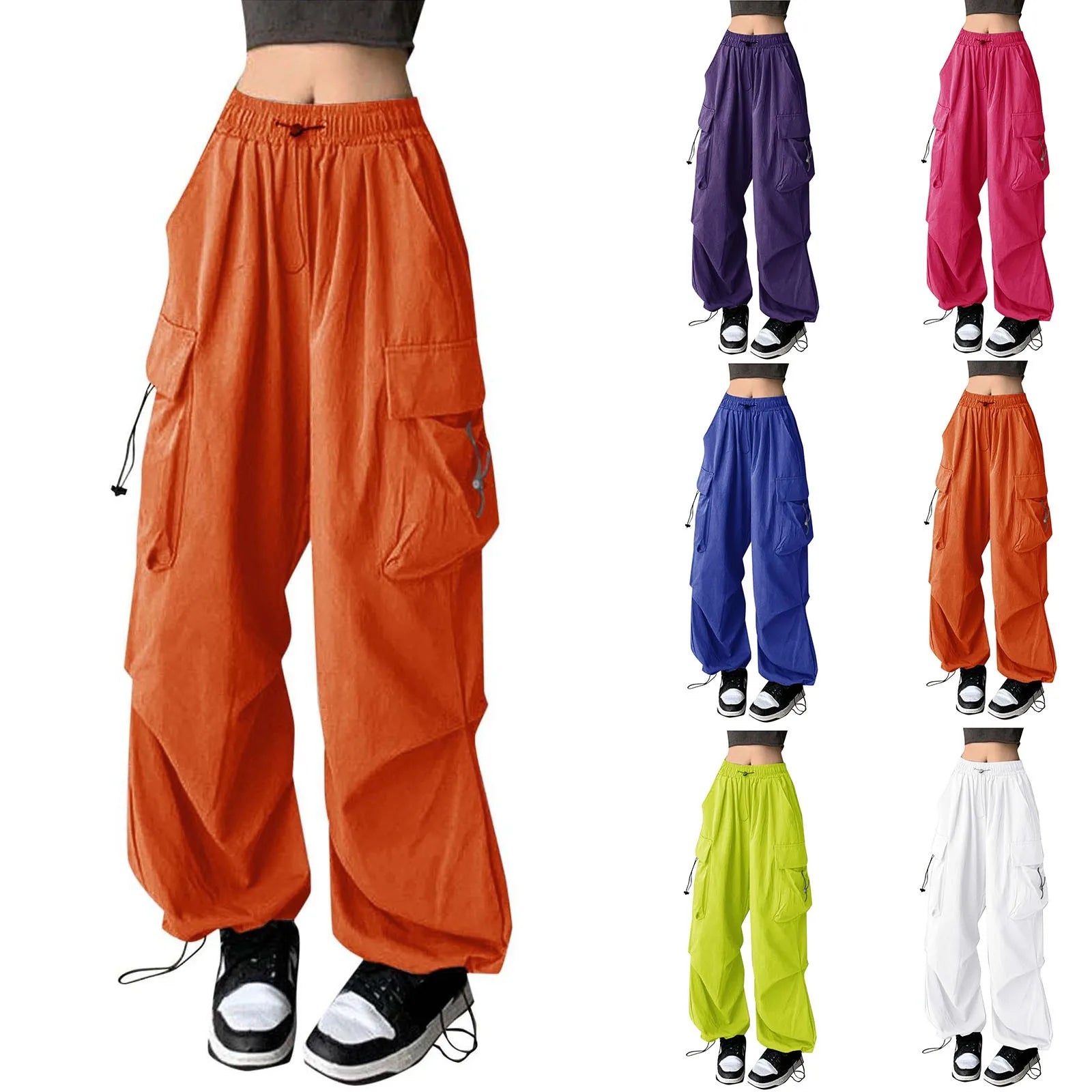 Oversize Pants Large Pockets Women Camo Cargo Pants High Waist Adjustable Straight Relaxed Fit Baggy Parachute Hiking Trousers