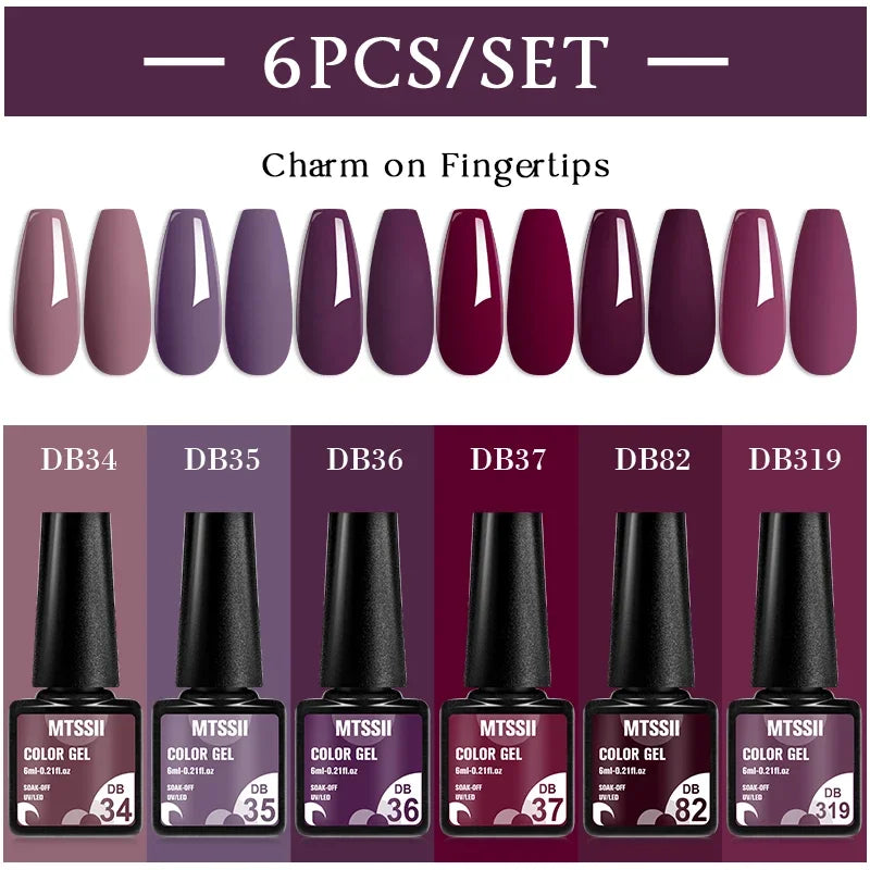 Blushimmer MTSSII 6-piece set of sparkly red gel nail polish bottles for shiny nail art and manicure at home.