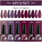 Blushimmer MTSSII 6-piece set of sparkly red gel nail polish bottles for shiny nail art and manicure at home.