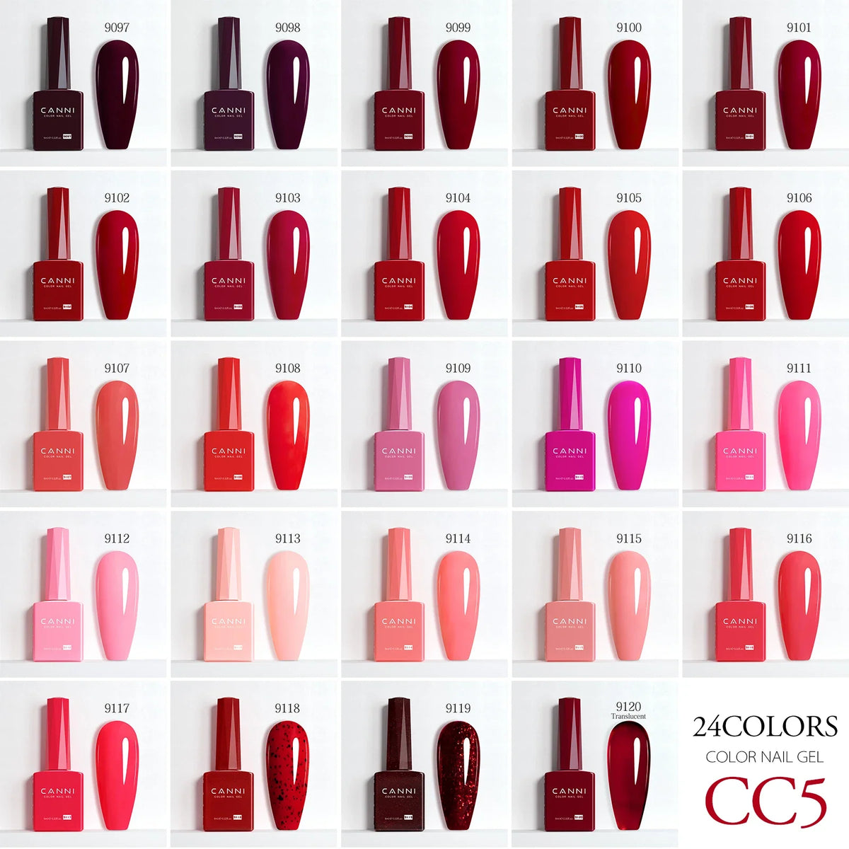 Blushimmer CANNI Hema Free Nail Gel Polish Fall Color Collection with semi-permanent, long-wear diamond top coat in vibrant red and nude shades.