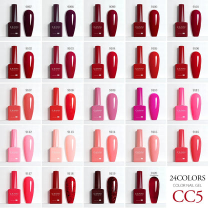 Blushimmer CANNI Hema Free Nail Gel Polish Fall Color Collection with semi-permanent, long-wear diamond top coat in vibrant red and nude shades.