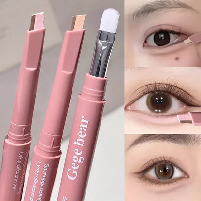 Blushimmer double-ended lying silkworm pencil with highlighter, nude eyeliner, and detail brush for eye contour and eyelid makeup.