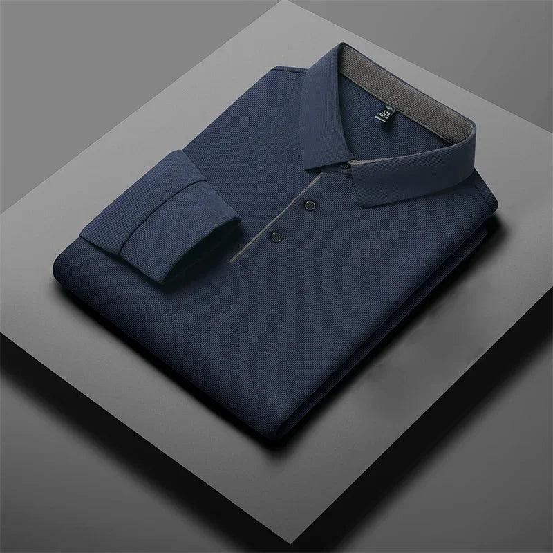 New Men's Business Casual  Long Sleeve Solid Color Polo Shirt Fashionable Warm Comfortable Four Seasons Versatile Top