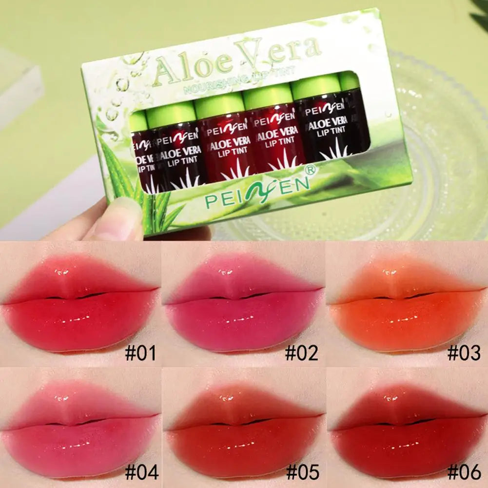 Blushimmer 6-color lip tint stain set with plumping, moisturizing liquid lipsticks and glosses, includes aloe vera, perfect for lips and cheeks.