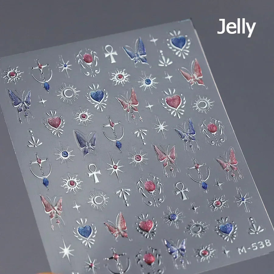 Colorful Cat's Eye 5D gradient European love heart gem nail art stickers with wing and geometric shapes by Blushimmer for manicure decor.