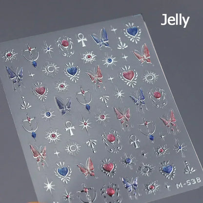 Colorful Cat's Eye 5D gradient European love heart gem nail art stickers with wing and geometric shapes by Blushimmer for manicure decor.