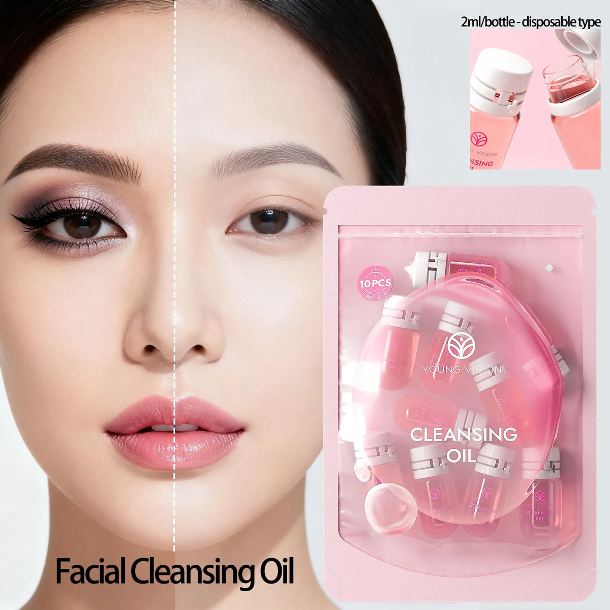Blushimmer Young Vision cleansing oil set with rose flower scent, featuring 5 or 10 bottles of gentle, non-irritating makeup remover oil.
