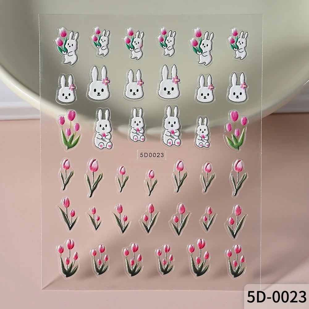 Blushimmer panda nail stickers featuring cartoon rabbits, flowers, and animals for cute, self-adhesive nail art decoration.