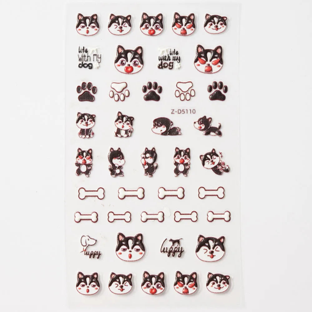 Cute 3D cat and dog nail decals by Blushimmer, featuring animal cartoon designs and self-adhesive puppy and kitten nail art stickers.