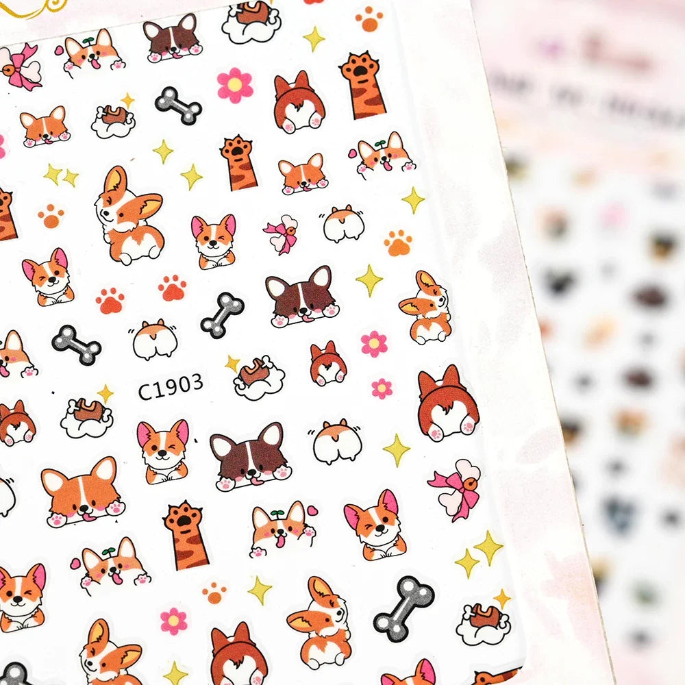Cute cat and dog 3D nail decals from Blushimmer featuring cartoon animal designs for adorable Y2K-inspired nail art.