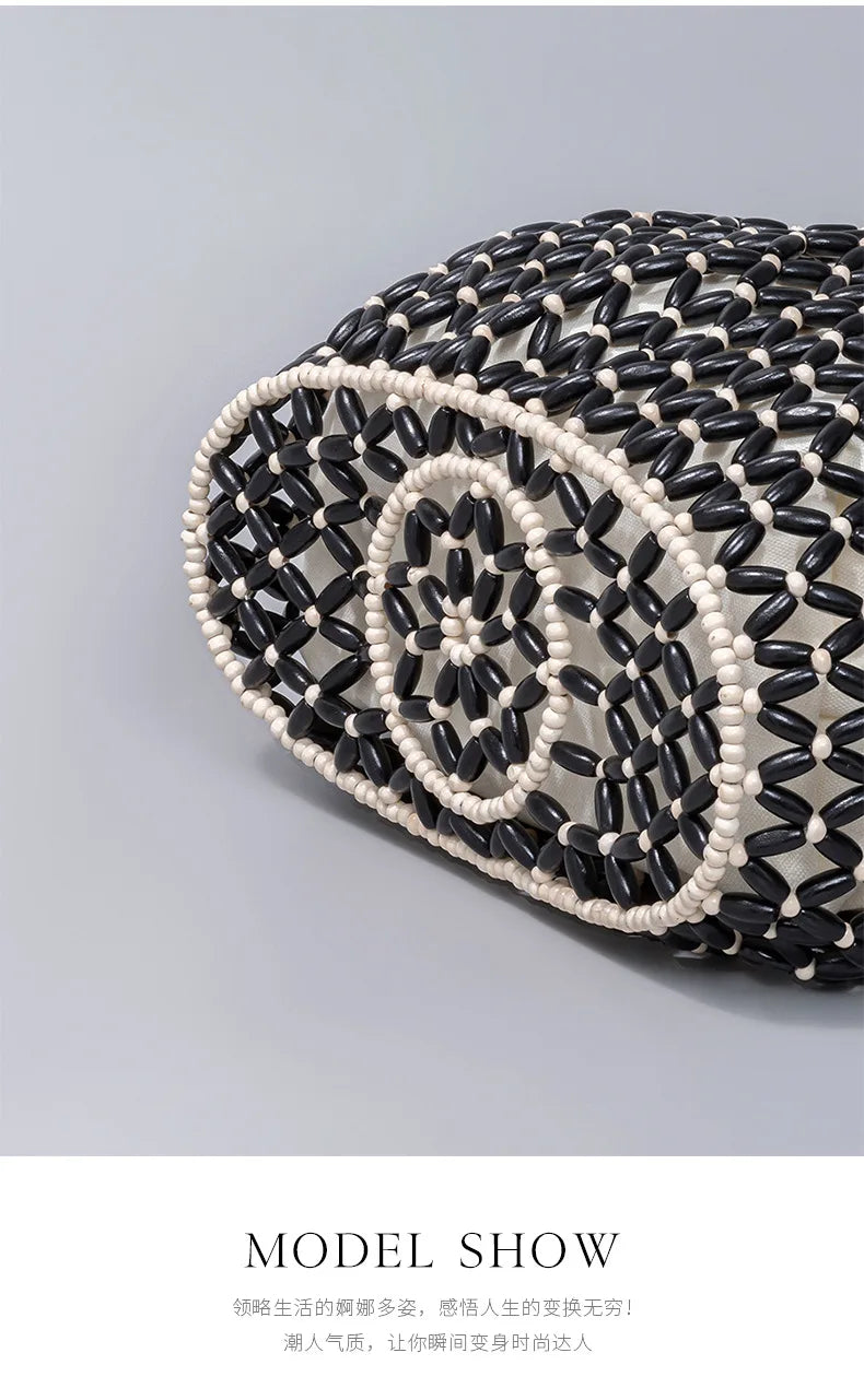 Simple Casual Handwoven Wooden Bead Handbag New Retro Versatile Summer Vacation Handheld Women's Shoulder Bags Water Bucket Bag