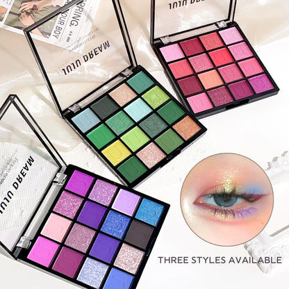 Blushimmer 16-grid red eyeshadow tray with purple glitter, pearl, and matte shades, Korean eye makeup palette for women.