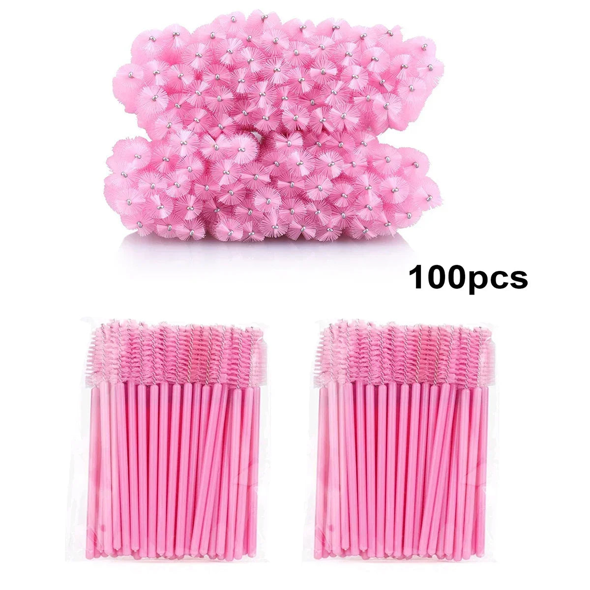 Set of 100 Blushimmer disposable eyelash extension brushes and spoolies, micro mascara wands and combs for professional lash application.