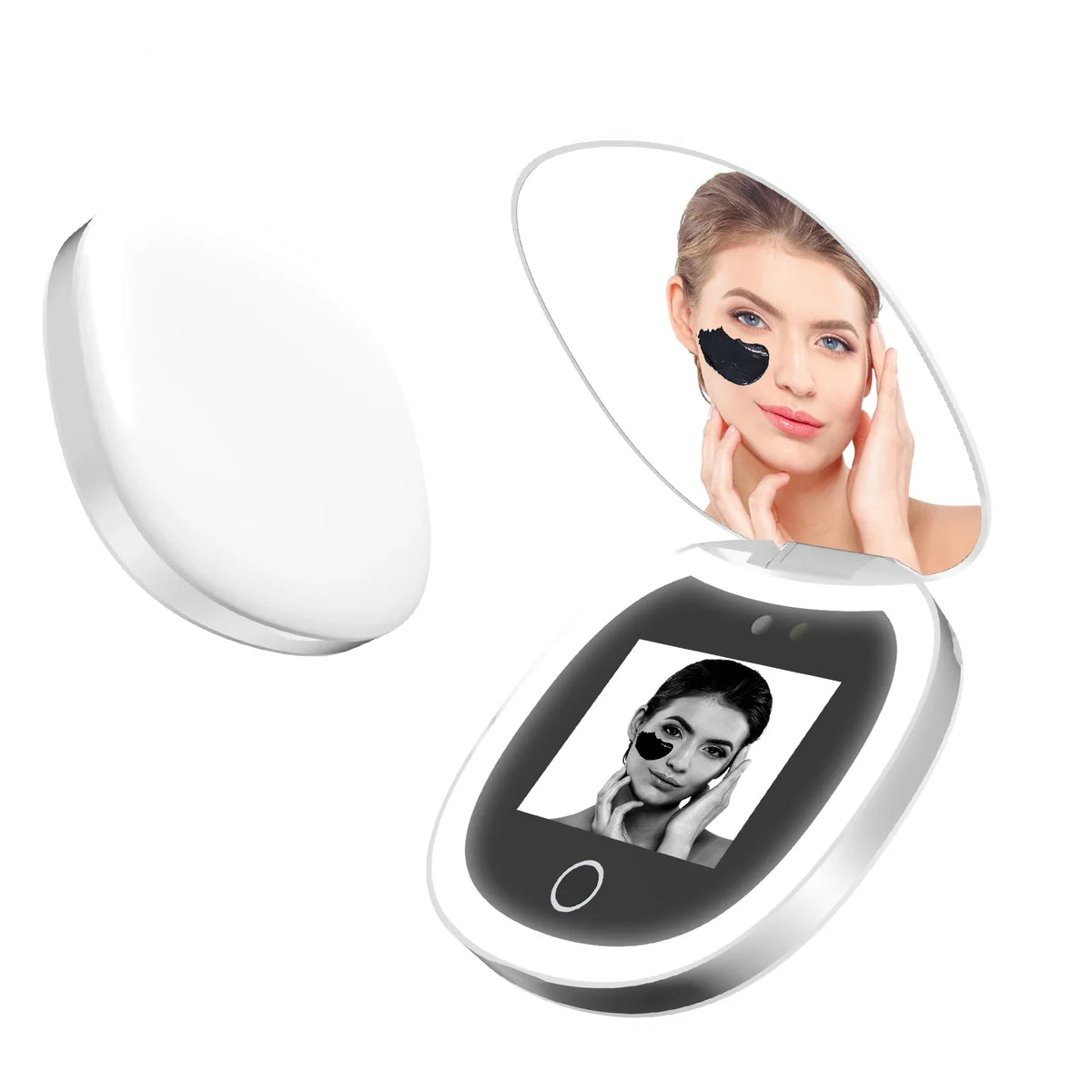 Blushimmer UV mirror sunscreen testing camera with light, 2X magnification, pocket-sized travel makeup and sunscreen mirror.