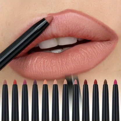 Blushimmer nude matte lip liner pencil with waterproof, long-lasting, non-stick lipstick tint, shown on a model's lips.