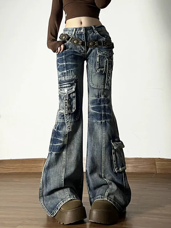 American Vintage Street Style Y2K Jeans Women's High-street Multi-pocket Cargo Flared Floor-grazing Jeans Casual Punk Long Pants