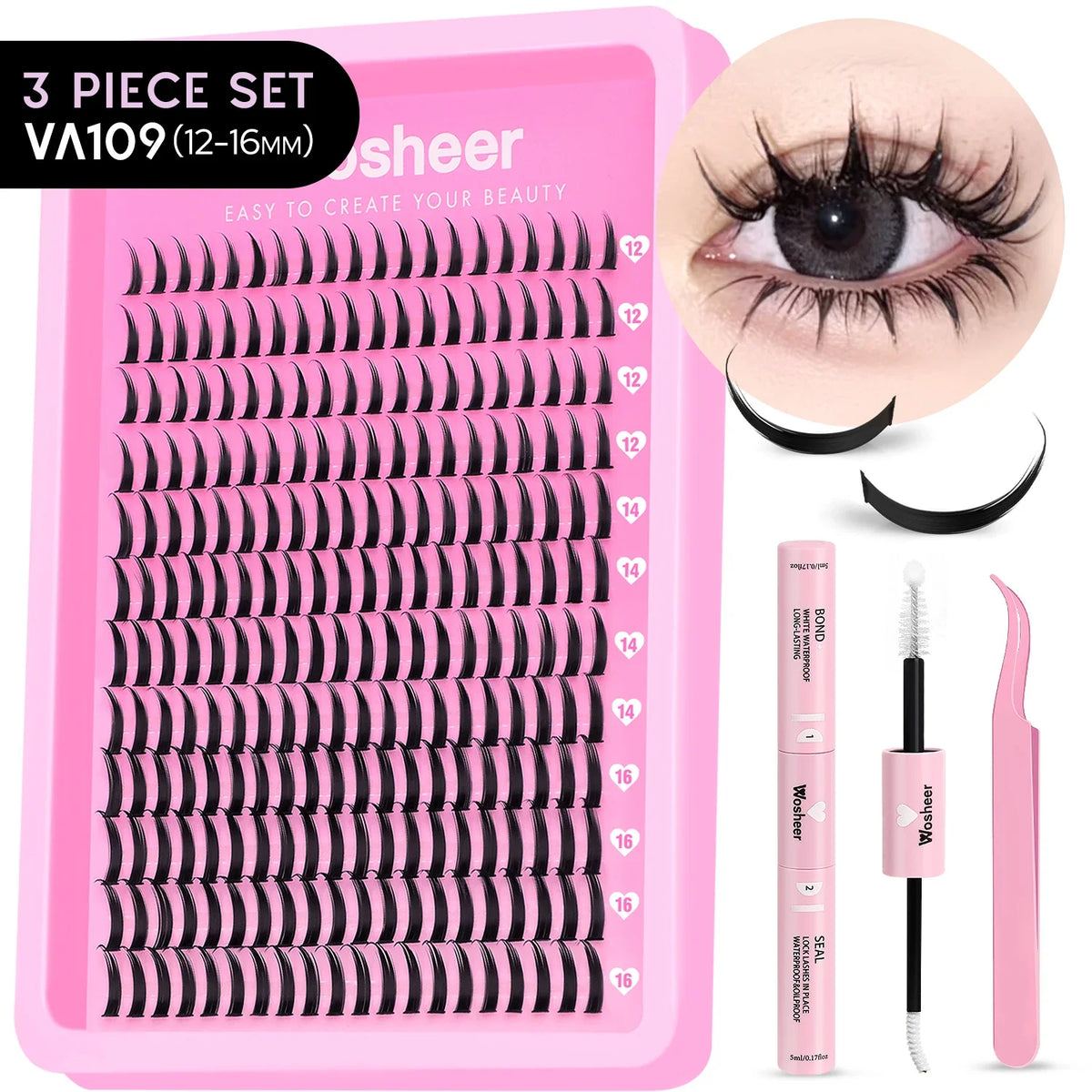 Blushimmer WOSHEER Lash Clusters Kit with spiky eyelash extension clusters and individual volume lashes for DIY makeup.
