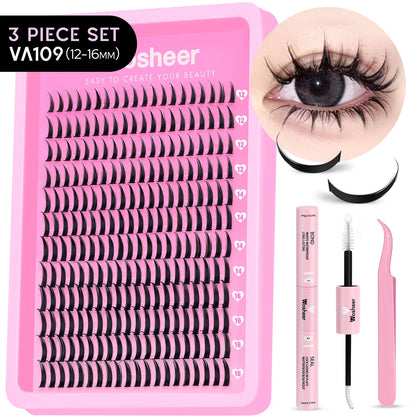 Blushimmer WOSHEER Lash Clusters Kit with spiky eyelash extension clusters and individual volume lashes for DIY makeup.