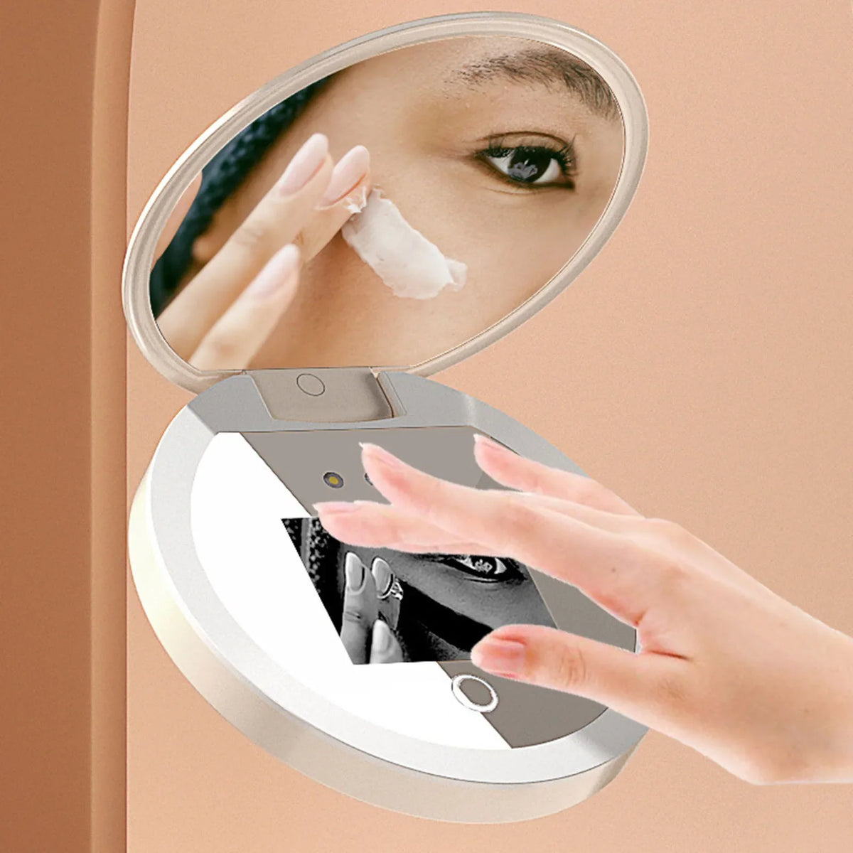 Blushimmer UV mirror sunscreen testing camera with light, 2x magnification, travel-sized pocket makeup tool in 3.5-inch size.