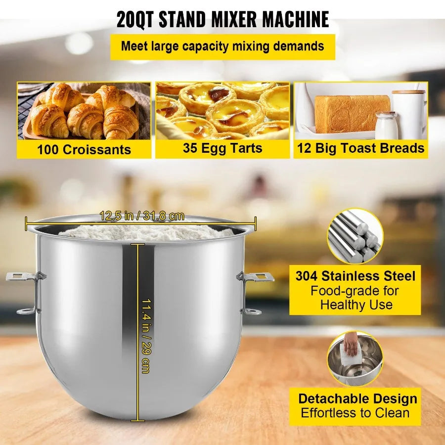 Commercial Stand Mixer 20Qt Stainless Steel Bowl 1100W 2 in 1 Multifunctional Electric Food Mixer with Meat Grinder 3 Speeds Do