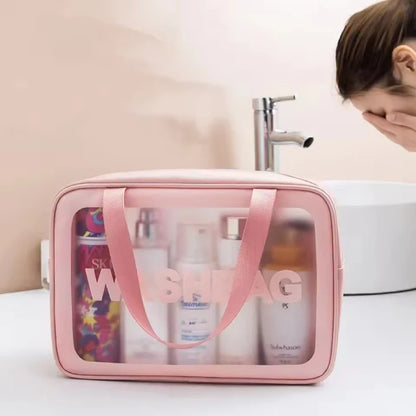 Transparent waterproof travel wash bag by Blushimmer, large capacity cosmetic organizer with multiple compartments for women.