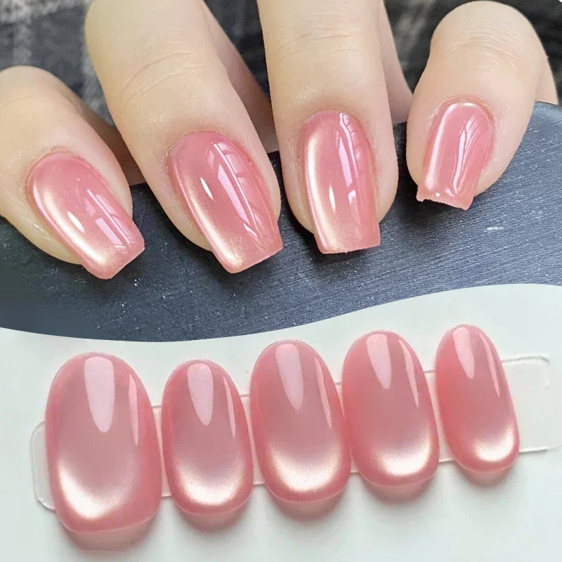 Pink glass bead cat magnetic gel nail polish by Blushimmer, with semi-permanent soak-off formula, shown in a 10ml bottle.