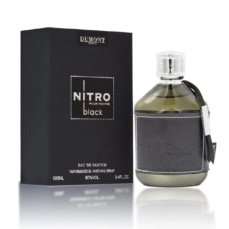 Blushimmer Dumont Nitro Elixir natural perfume bottle featuring black, white, blue, green, and red accents, 100ML long-lasting fragrance
