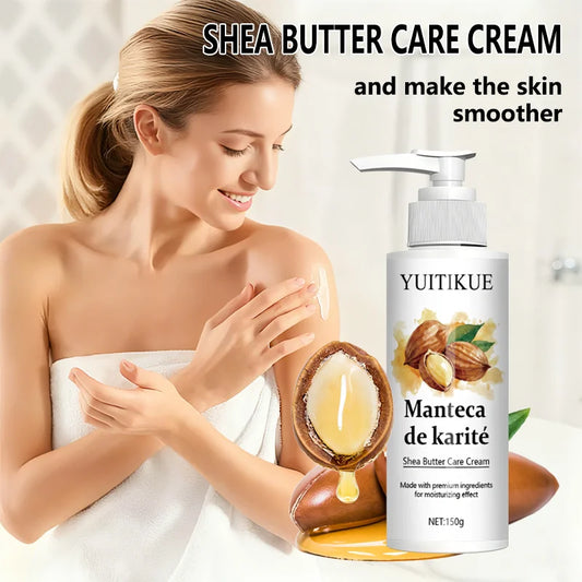 Silcy Skin YUITIKUE Shea Butter Body Lotion 150g jar showing smooth, creamy lotion for firming and moisturizing skin.