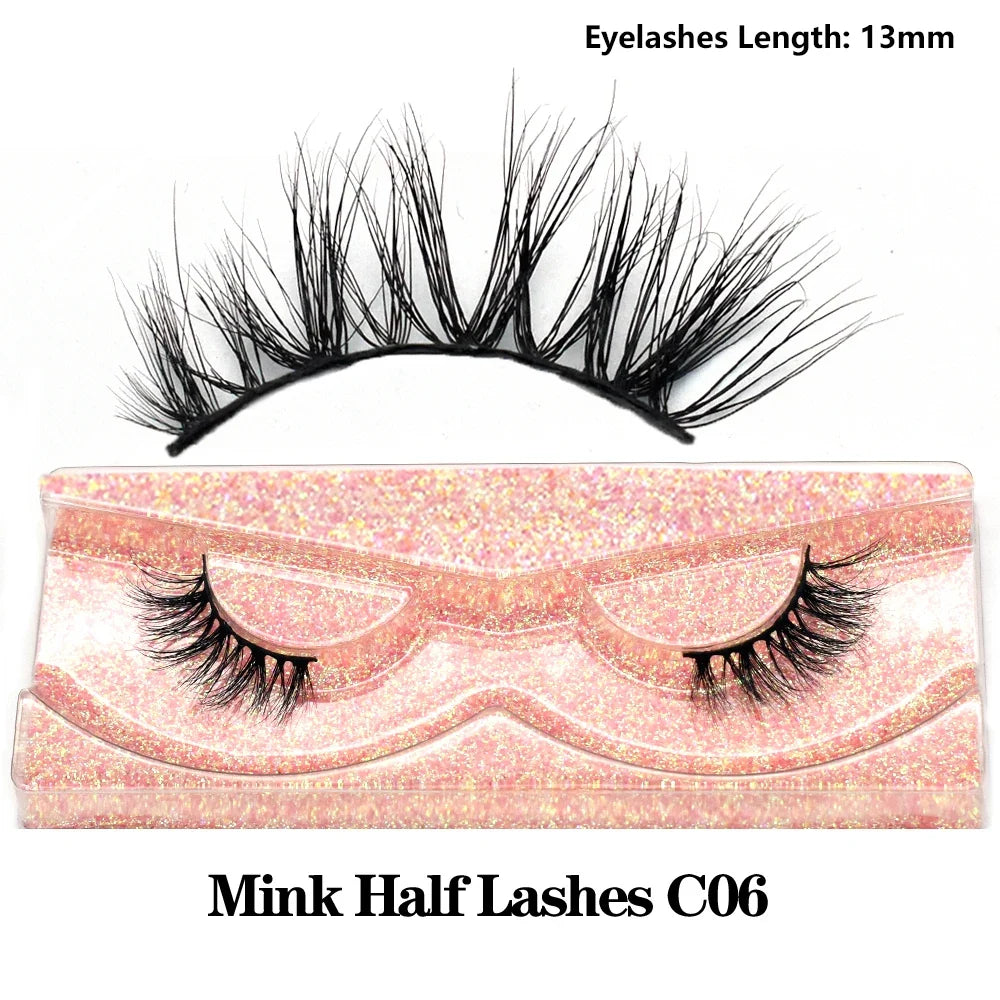 Blushimmer 3D Mink Fluffy Half False Eyelashes with natural soft lightweight clear band, reusable short eye strip lashes extension