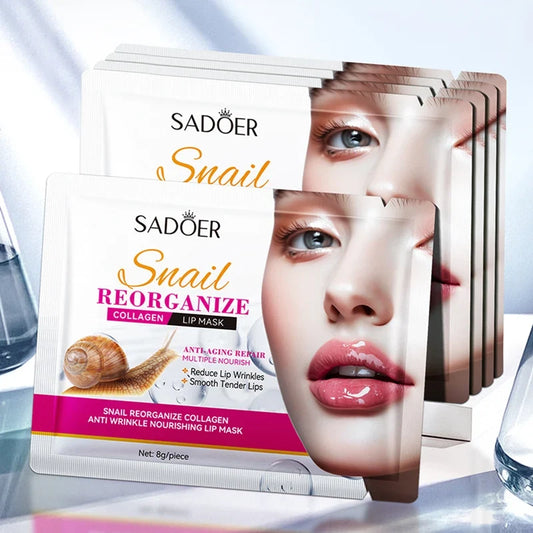 SADOER Snail Crystal Collagen Lip Mask set with 10 nourishing, anti-wrinkle moisturizing patches for plump, smooth lips.