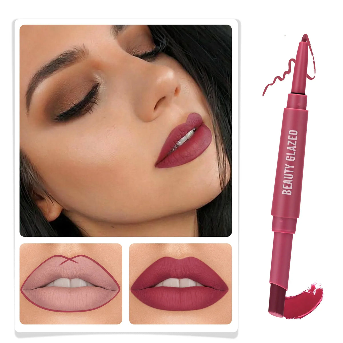 Blushimmer 2-in-1 lip liner and lipstick pen with double heads, waterproof long-lasting matte finish, suitable for daily use.