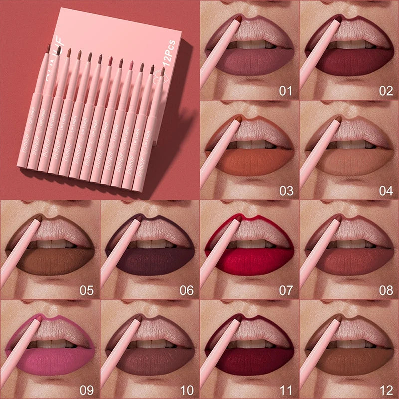 Blushimmer matte lip liner pencil set with 12 nude-pink shades for lip contour, waterproof, non-transfer, highly pigmented, daily and party makeup